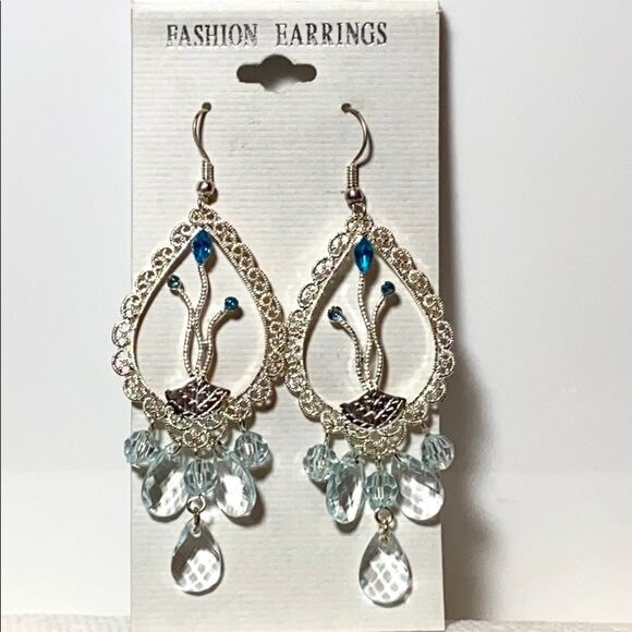 Crystal CHANDELIER EARRINGS 3” Dangle Drop Delicate Silver Blue French Wire NEW - Picture 3 of 3